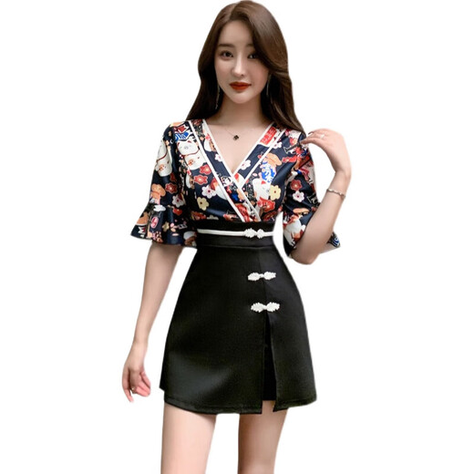 A 21 FUNB新款减龄足疗店女技师工作服时尚印花连衣裙显瘦气质沐足按摩套装 1391黑色 S