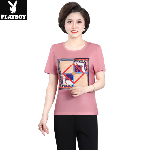 Playboy Mom Summer Sportswear Set modische Kurzarm-T-Shirt Top New Sommer zweiteiliger Set für Frauen mittleren und älteren Frauen H.M-12083 Lederrosa [T-Shirt + Hosen] L (Empfohlen 80-105 Jin [Jin gleich 0,5 kg]))