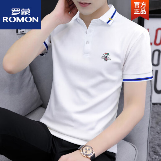 罗蒙（ROMON）珠地棉刺绣Polo.衫男士修身短袖t恤夏季翻领上衣透气半袖体恤 S5012款 白色 4XL 适合180200斤