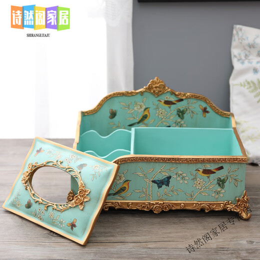 Europäische leichte Luxus-High-End-Fernbedienung Taschentuch-Aufbewahrungsbox Haushalt Amerikanische Box Wohnzimmer Multifunktions-Papierbox Retro-Papier 1047 Blue Oriole Blossom Side Drawer