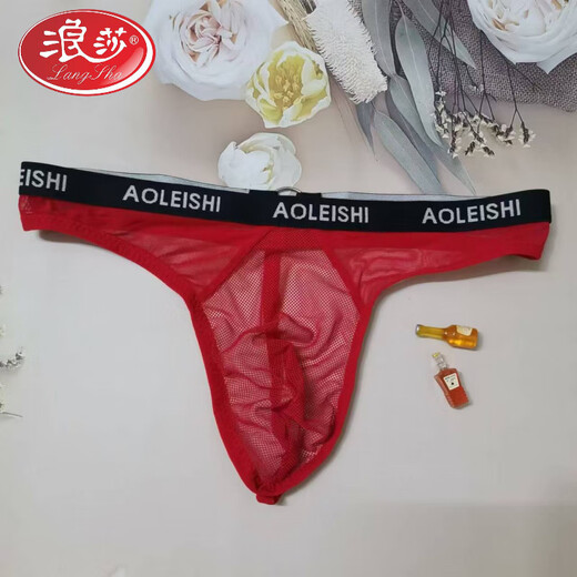 LangSha men's sexy thong briefs slightly see-through, invisible concave and convex double elastic thong sexy low-waist breathable mesh (1 pack) black one size 90-170