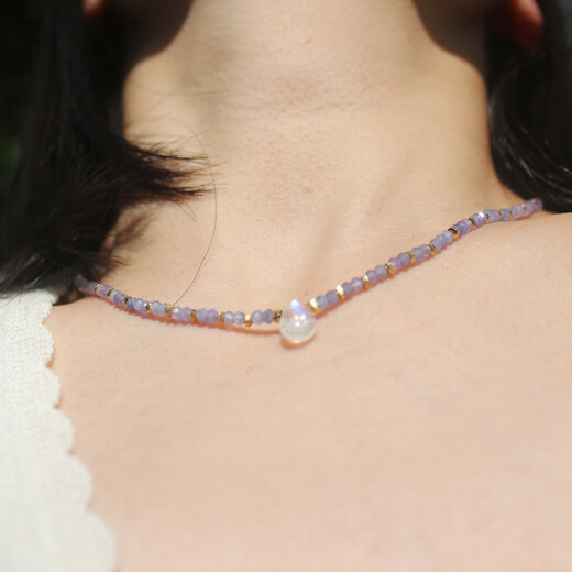 Guran Natural Clavicle Chain Women's Original Design Colored Gemstone Beaded Neck Ornament Blue Moonlight Crystal Pendant Necklace Light Purple 40cm3mm