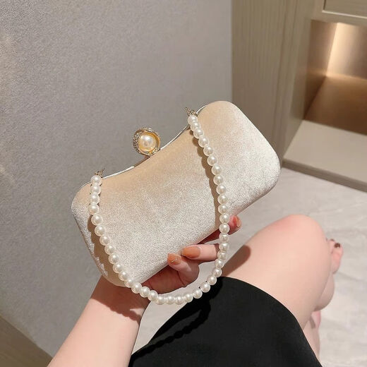 Kuqi Kangaroo (KUQIDAISHU) Celebrity Dinner Clutch Banquet Small Bag Matching Dress Bag Portable Pearl Bag Retro Cheongsam Women's Bag Pearl Head Apricot (Pearl Hand Chain + O-shaped Diagonal