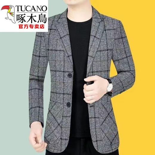 Woodpecker (TUCANO) new autumn and winter casual suit jacket for men, spring and autumn style, middle-aged men's plaid suit, Korean version trendy, khaki, velvet, thickened 3XL recommended 145-160Jin Jin equals 0.5 kg
