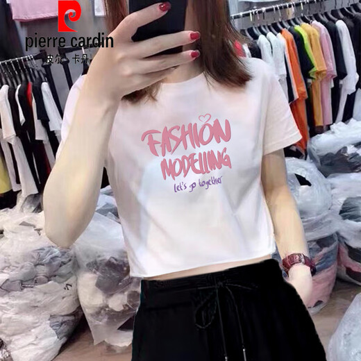 
Pierre cardin 2025 new design niche shoulder short T-shirt for women summer pure short sleeve loose white cotton top KE693 white M