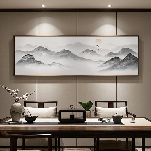 Zilang living room decorative painting sofa background wall ink Zen landscape painting wall hanging tea room office calligraphy and painting mural 04-backed 60*180 bright gold aluminum frame + plexiglass SF Express