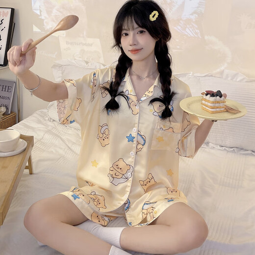 MiiOW butterbear ice silk pajamas for women summer short-sleeved cute cartoon home clothes three-piece suit ice silk Xiaoba short-sleeved + shorts 2XL recommended 125-140Jin Jin equals 0.5 kg