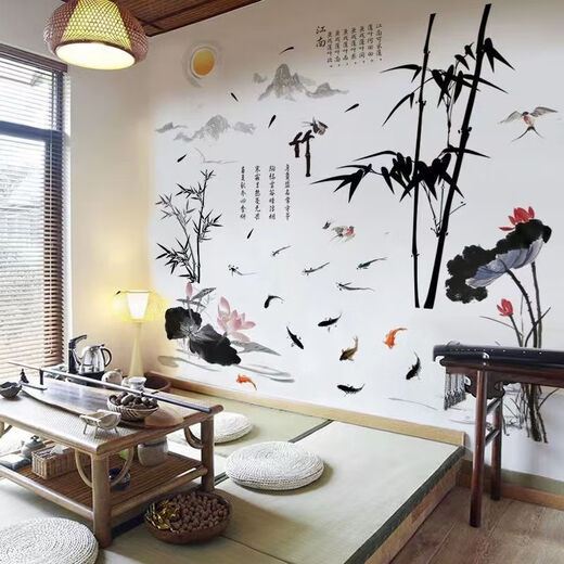 目送（musong）中国风荷塘美景山水画贴纸客厅沙发电视背景墙装饰自粘可移除墙贴 无袋GS9719AB+XL7171 温馨创意电视背景墙自粘贴画