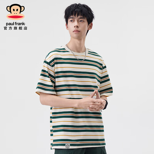 Big Mund Monkey (Paul Frank) American Trendy Striped Männer kurzärmeliges T-Shirt im Frühling und Sommer dünn lose runde Hals Elastische, vielseitige Männer-T-Shirt Green 698D [offizielles authentisch] M [Vorgeschlagen 105-125jin [Jin gleich 0,5 kg]]
