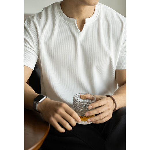 UBV pit texture henley collar white short-sleeved T-shirt for men 2025 spring and summer breathable elastic loose henley shirt ivory white 3XL (recommended 176-190Jin Jin equals 0.5 kg)
