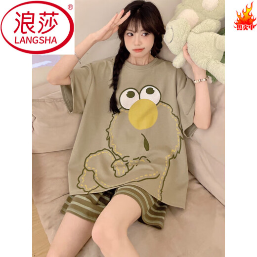 浪莎（LangSha）睡衣女纯棉夏季短袖短裤薄款卡通加大码200斤夏款女士家居服套装 WB短.袖1343 M 小码(80-100斤)