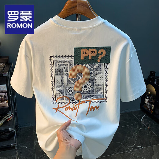 Футболка с короткими рукавами Romon Men's Men's Men's Men's 2025 Summer Thin Fashion Print Fut Shirt Scinjiang Хлопковая круглая шея с половиной наполовину Top Top Top To White 2 [ZJ1047 FIT версия] M подходит для 90-108JIN [Jin Equals 0,5 кг]