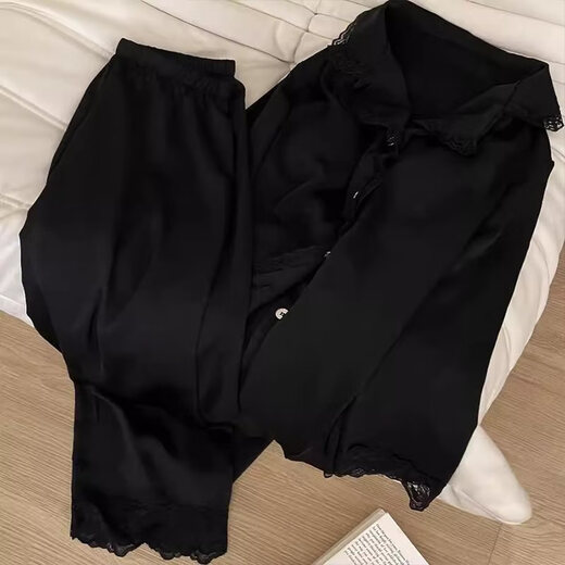 HUALIN FASHION冰雪丝睡衣女款长袖黑色蕾丝家居服套装感春夏两季 1365 纯色开衫 170 M