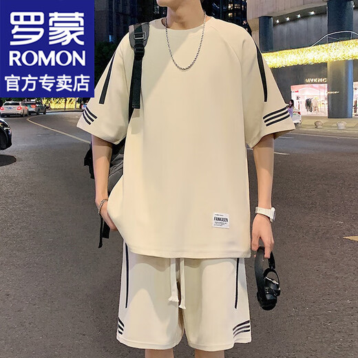 罗蒙（ROMON）港风短袖t恤男士夏季新款休闲运动套装宽松半袖男T上衣服男装 FKS653白色套装 XL 约130-150斤可穿