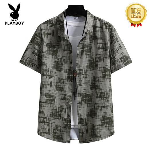 花花公子（PLAYBOY）短袖衬衫男夏季宽松尖领潮牌花寸衫外套薄款冰丝上衣服痞帅衬衣男 7027深咖 M 约95~110斤可穿