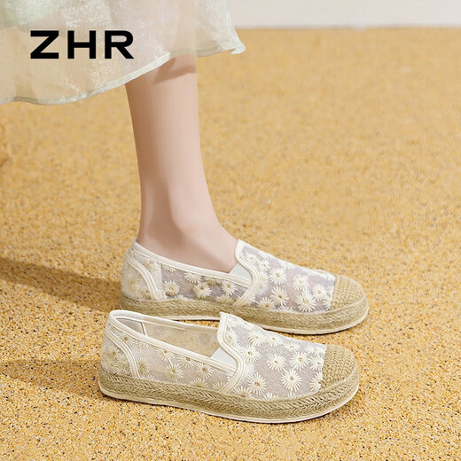 ZHR布鞋女夏透气网纱软平底渔夫鞋女百搭一脚蹬单鞋女 W119 米色 38