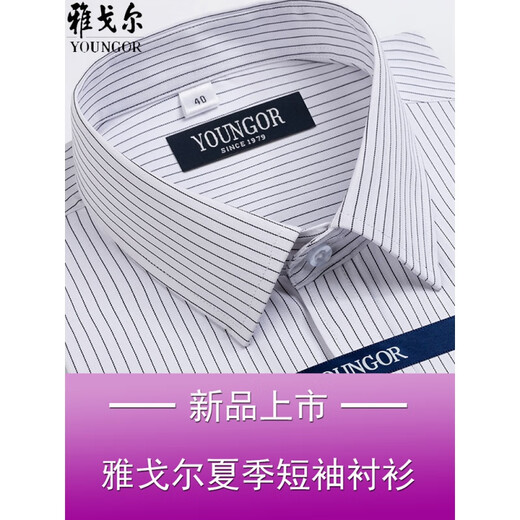 雅戈尓男士短袖衬衫夏季商务休闲职业正装棉免烫中年大码条纹衬衣 DX6623 38