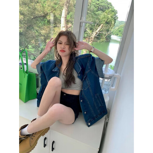 Yu Jin Hong Kong style denim short-sleeved shirt jacket for women 2025 summer new dark blue design loose mid-length top Blue #9435 S