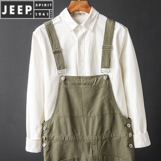 JEEP SPIRIT潮牌直筒休闲工装裤男宽松大口袋机车背带裤男士连体吊带裤 军绿色 S