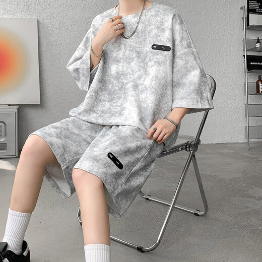 
Zhaixing Youth Summer Suit Men's Niche Design Tie Dyeing Clipart Sleeve T-shirt Shorts Fashion Cool Large Size Men's Clothing TZ757 Tie Dyeing White M (Suggested 95-110Jin[Jin equals 0.5 kg]b