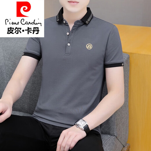 Pierre cardin knitted 2025 summer new men's short-sleeved T-shirt lapel t-shirt trendy casual ice silk collared half-sleeved top black QY682 3XL Recommended 165-180Jin [Jin equals 0.5 kg]