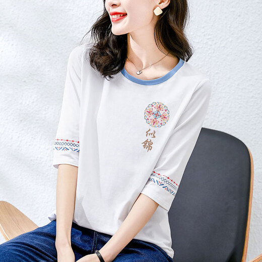 Woodpecker Brand Pure Cotton Nouveau T-shirt de style chinois pour les manches intermédiaires pour femmes en désordre chinois de style chinois printemps et automne d'été 2025 Nouveau modèle W6172 Gris Powder Mid-Maleved XL Recommandé 120-135Jin [Jin est égal à 0,5 kg]
