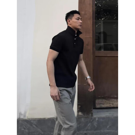 gtla白色立领polo衫短袖男美式痞帅翻领t恤运动健身重磅半袖 黑色升级款 2XL  建议150-165斤