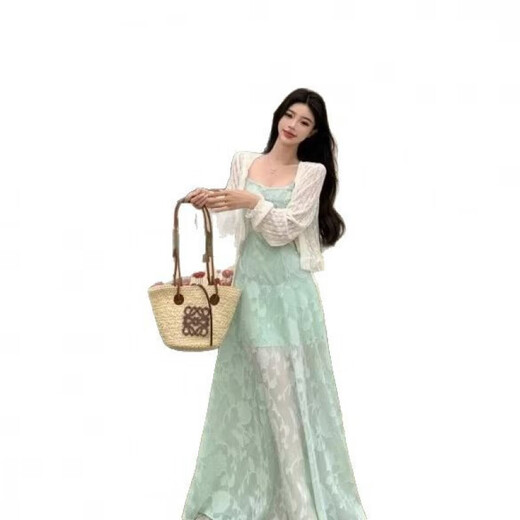 Rongxitu französische Minze -grüne Schlinge Kleid Sommer Taille Langes Kleid weiß *753 m