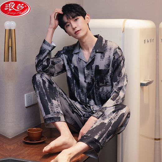 浪莎（LangSha）男士真丝睡衣春秋款长袖薄款大码休闲简约夏天家居服套装新款 6627流星 L