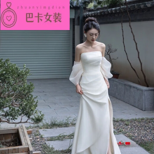 NJTD new Chinese dressing gown bride wedding toast dress engagement dress high-end light luxury niche French tube top dress for women white dress one size s 160