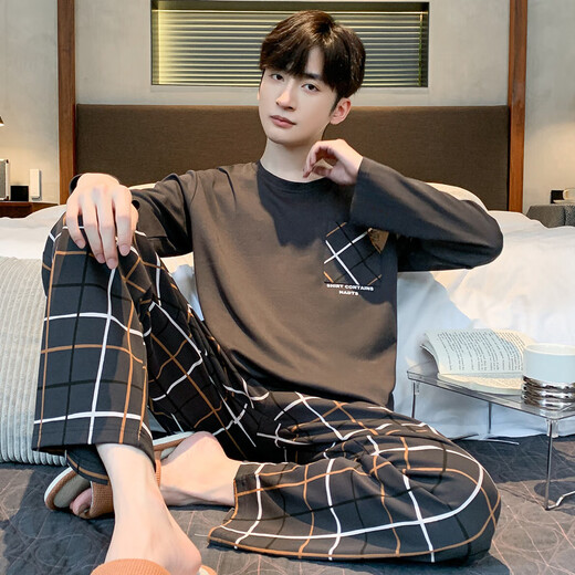 Guanmao Pei Pyjamas Herren Herbst New Pure Cotton Longleved Anzug für Jugendliche losen Hauskleidung Einfaches kann außerhalb des zweiteiligen Sets getragen werden 01F9903 175 Men-l