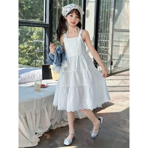 奢依君女童夏季连衣裙2025新款洋气女孩牛仔短袖儿童夏装花边吊带裙套装 蓝色【T9207牛仔外套】 120 cm
