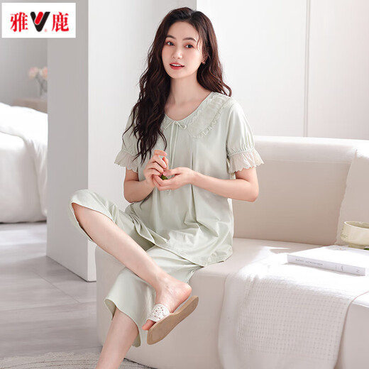 雅鹿新款睡衣女夏季带胸垫棉短袖七分裤高级感公主风可外穿家居服套装 695绿色 XL 120-140斤