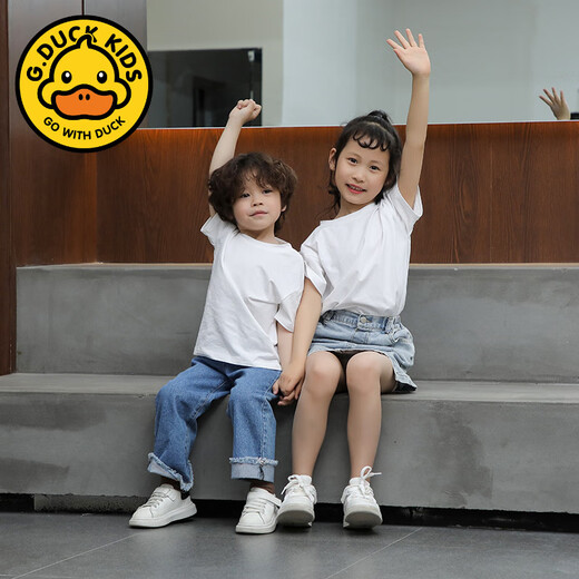 G.duck little yellow duck parent-child T-shirt boys and girls pure cotton bottoming shirt family portrait beach parent-child wear summer short-sleeved mother-child white 130 children's T-shirt