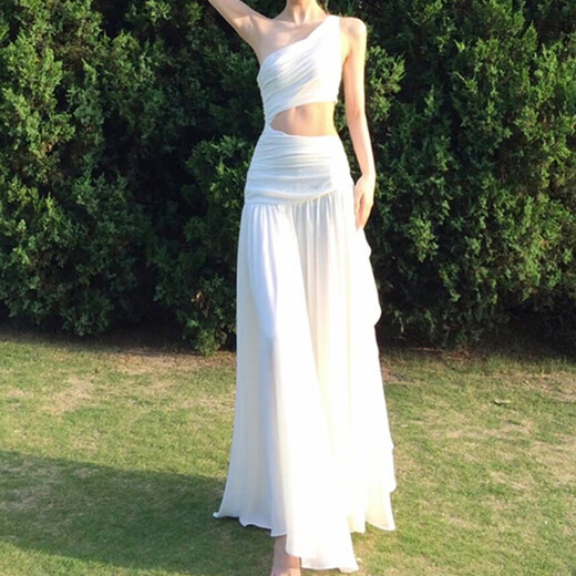 乐卡利法式连衣裙女海边度假仙女长裙夏斜肩露腰氛围清冷感小众高级礼服 法式斜肩连衣裙【M 100左右】