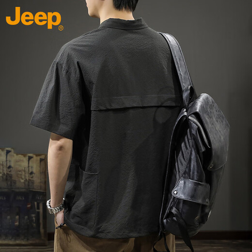 吉普（JEEP）短袖T恤男士凉感polo衫男潮牌宽松半拉链速干上衣服男装 黑色 2XL