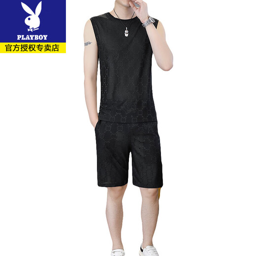 花花公子2025夏季新款男士冰丝提花背心套装加肥加大码宽松无袖T恤速干衣 【单件上衣】Q6629黑色 L 115-130斤