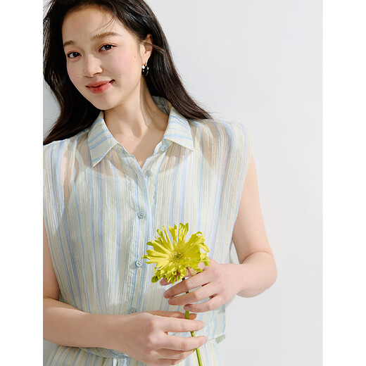 INMAN Lyocell resort style sleeveless shirt suit 2025 summer women's new elastic waist loose skirt yellow and blue strip S