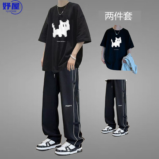 
Yuwu high-quality teenager sports suit men's summer cotton short-sleeved men's clothing 2025 new trendy handsome high school [two-piece set] 1048 pure cotton T-shirt gray + pants black S