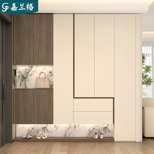 语森忆奶油中古风入户门圆弧鞋柜家用门口玄关柜一体储物悬空柜定制9N61 款式11150*350*2400 无灯