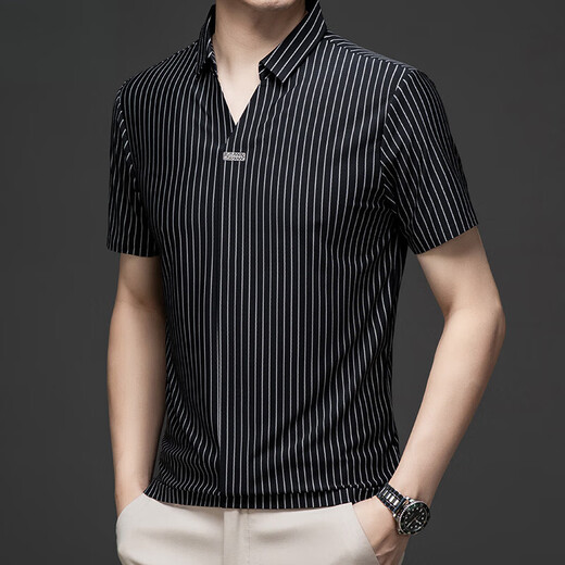 OLJ奢侈品牌男装夏季新款Polo衫男短袖t恤时尚百搭条纹冰丝上衣男款 黑色 M 165(适合体重90-120斤)