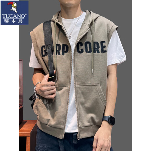 Дятел (TUCANO) High Street с капюшоном, мужской спортивный жилет 2025 года, весенне-летний жилет нового стиля, американский повседневный свободный свитер без рукавов, жилет-карта, зеленый M, рекомендация 110Jin Jin равен 0,5 кг -135Jin Jin равен 0,5 кг