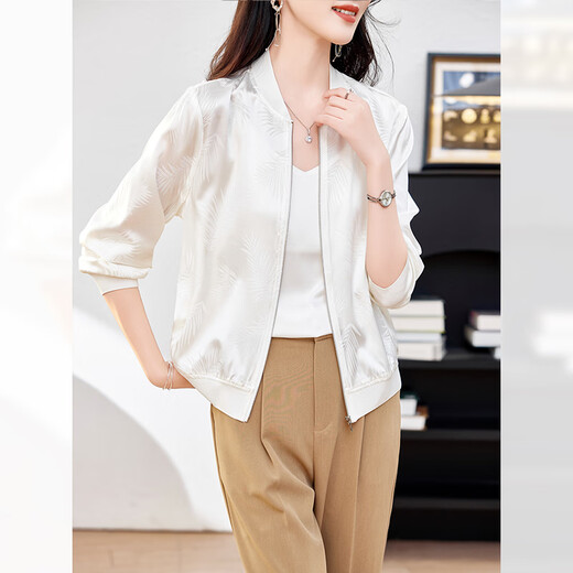 范·爱民重磅桑蚕丝外套女2025春夏薄款夹克衫真丝棒球服新款开衫防晒上衣 羽毛花 XL 建议105-120斤