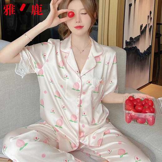 Yalu High-End-Seidenpyjamas für Frauen im Sommer Dünne süße Spitze Pfirsich kurzärmelige Hose dreiteiliger Set für Outdoor Wear Peach [kurzärmelige + Hosen] 9905 2xl [130-155jin [Jin gleich 0,5 kg]]
