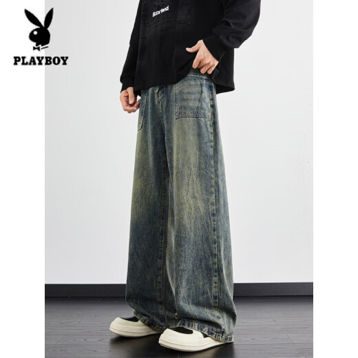 花花公子（PLAYBOY）闪电纹水洗牛仔裤男夏季新款复古宽松直筒阔腿裤潮牌高街美式裤子 1049黑渐变 M