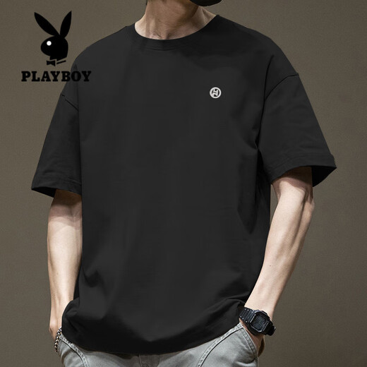 Playboy (Playboy) Kurzärärmelte T-Shirt für Herren Sommer reine Baumwolle Runde Hals vielseitige Freizeitkleidung 2025 Neue Modemarke Loose Hong Kong Style T-Shirt White-1365 Kurzärmelte-100% reines Baumwolls [Vorgeschlagene 80-110jin [Jin gleich 0,5 kg]]