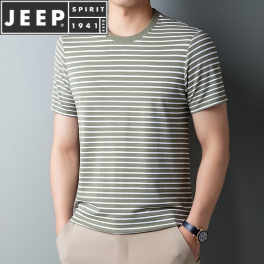 JEEP SPIRIT夏季加肥加大码胖子海魂衫短袖T恤男士中老年宽松蓝白条纹海军衫 9866灰色 2XL 185