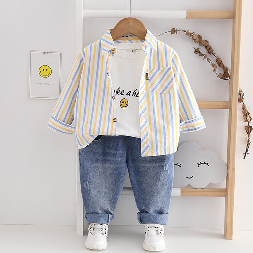 Mumuwu (mumuwu) 2025 new spring and summer boys striped shirt tops baby boy jacket 1-15 years old children summer thin lining yellow and green stripes 90 size 4 recommended height 80-85cm23Jin Jin is equal to about 0.5 kg