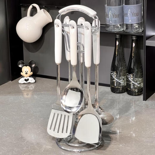 Spátula de la cocina Yusenyi Cucharara juego completo de cuchara de sopa doméstica Cosla de arroz de arroz salteando spátula antiadherente antiadherente utensilio de cocina engrosado conjunto de siete piezas de espátula de acero inoxidable juego completo de 854 piezas de 854