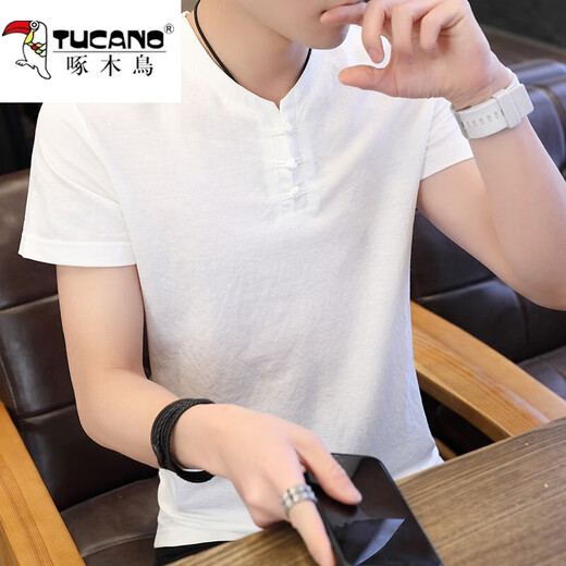 啄木鸟（TUCANO）短袖T恤男士夏季新款薄款中国风仿棉麻短袖男纯色半袖上衣服男装 9810墨绿色 XL